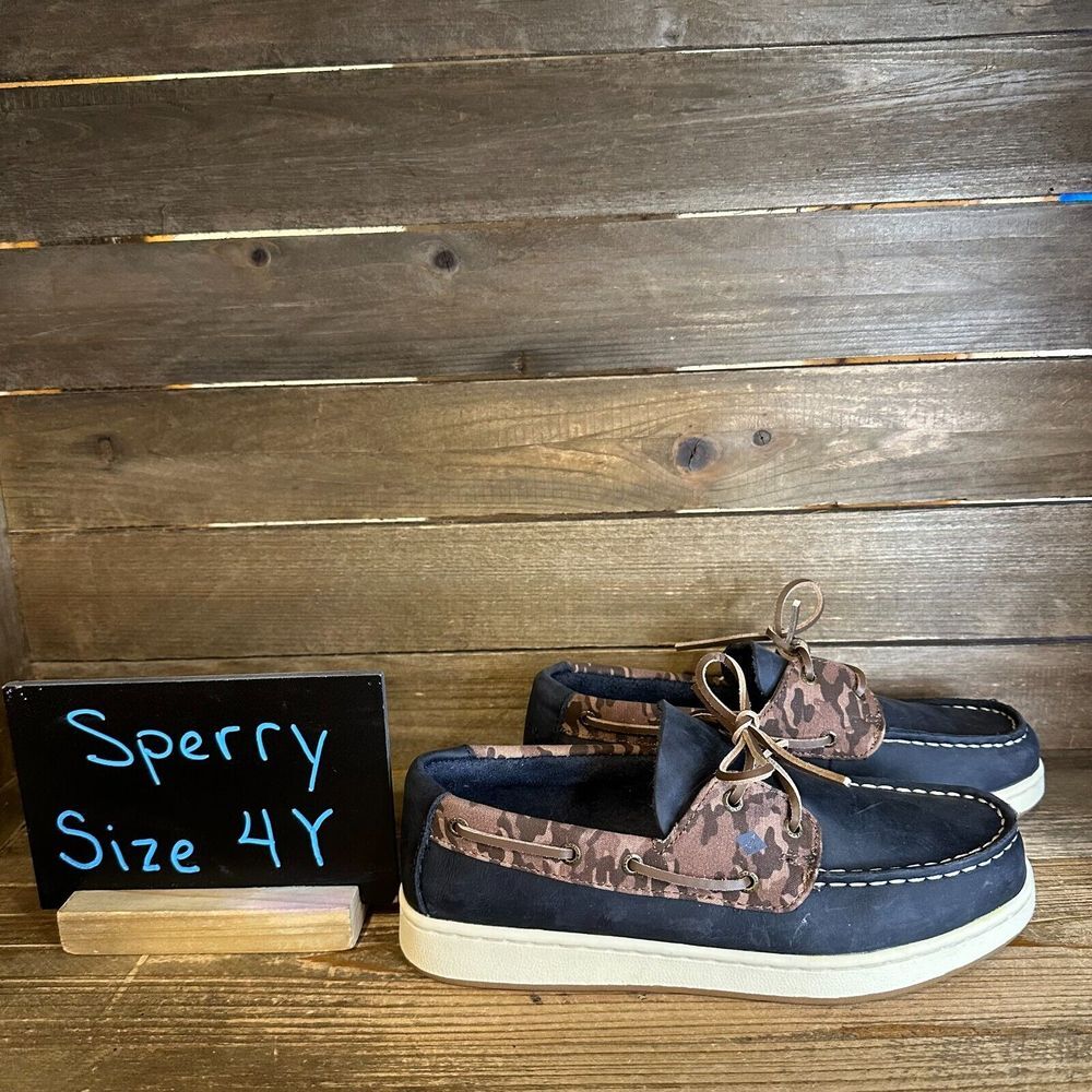 New Kids Sperry Cup II Blue Leather Camo Slip On Boat Deck Shoes Loafers 4 Y